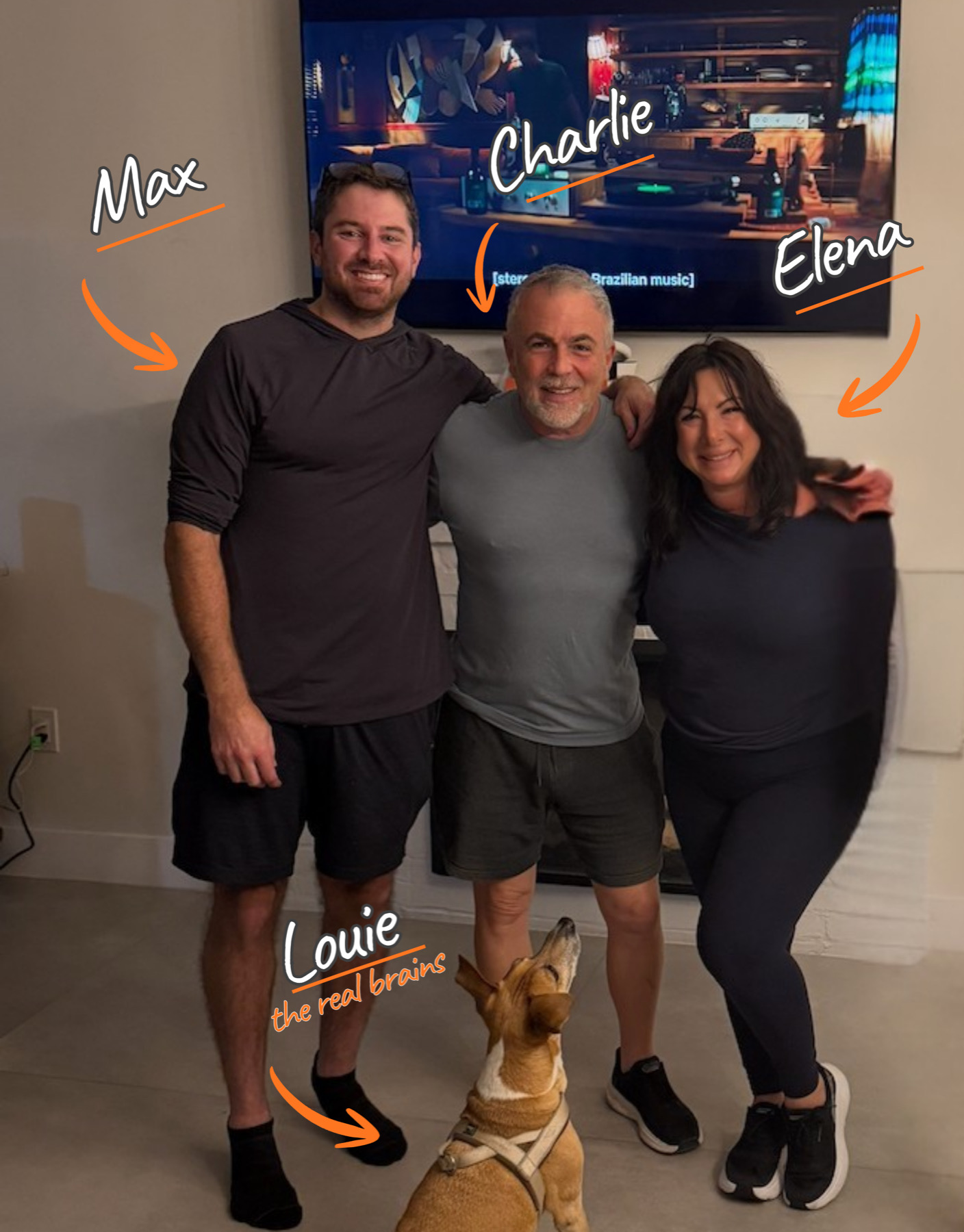 Annotated photo of Max, Charlie, Elena, and Louie at a Miami AI meetup.